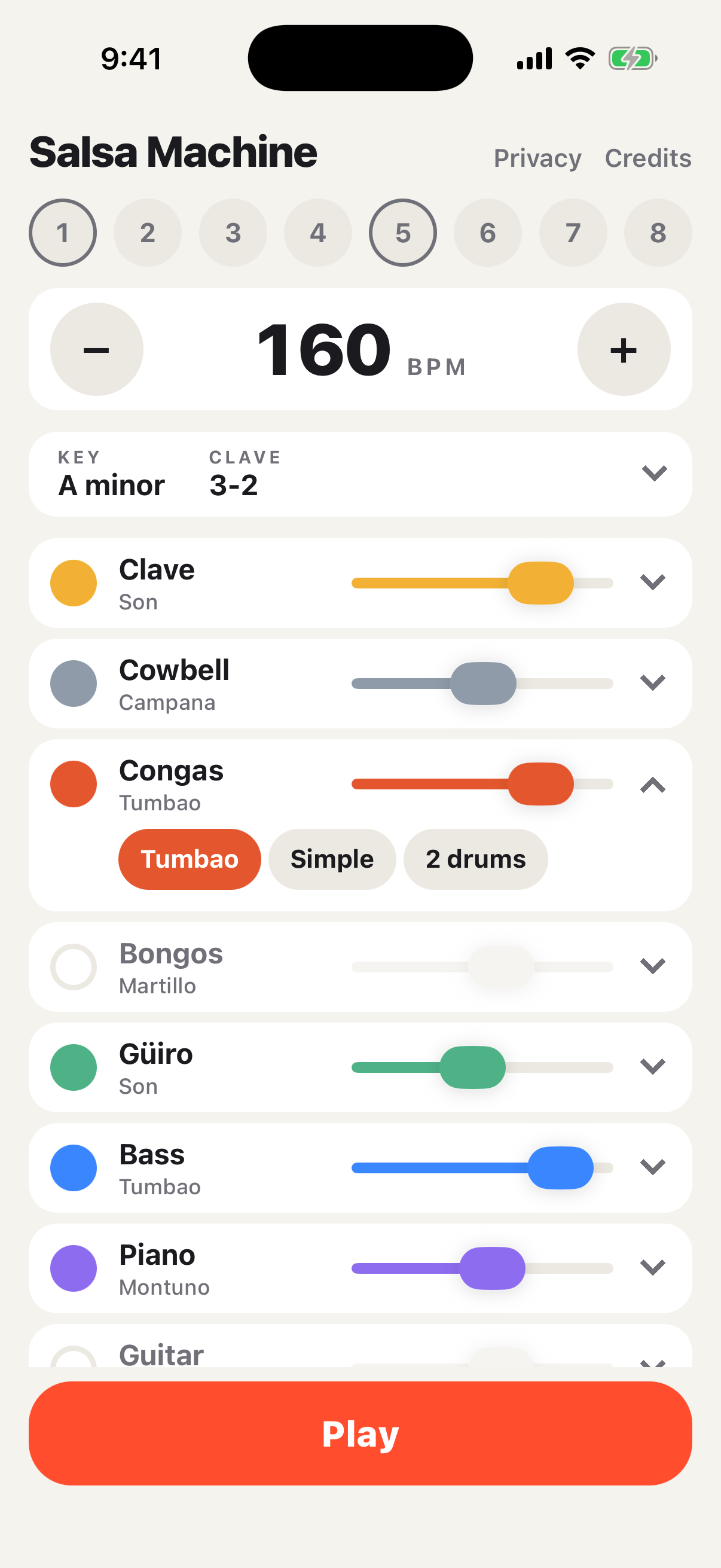 Instrument pattern choices in Salsa Machine