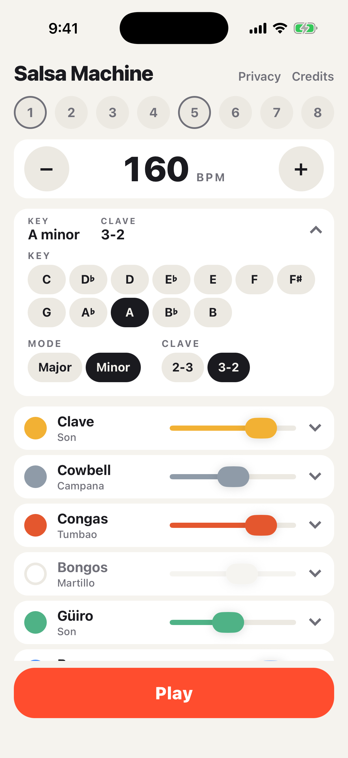 Song settings showing key, mode and clave choices